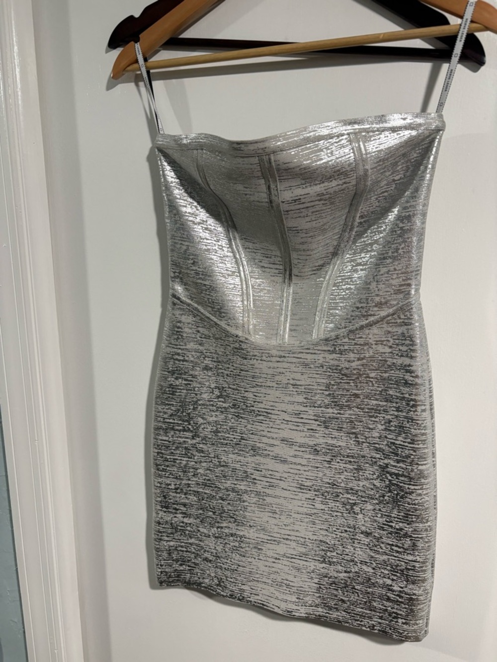 Herve Leger Silver Strapless Metallic Bandage Dress